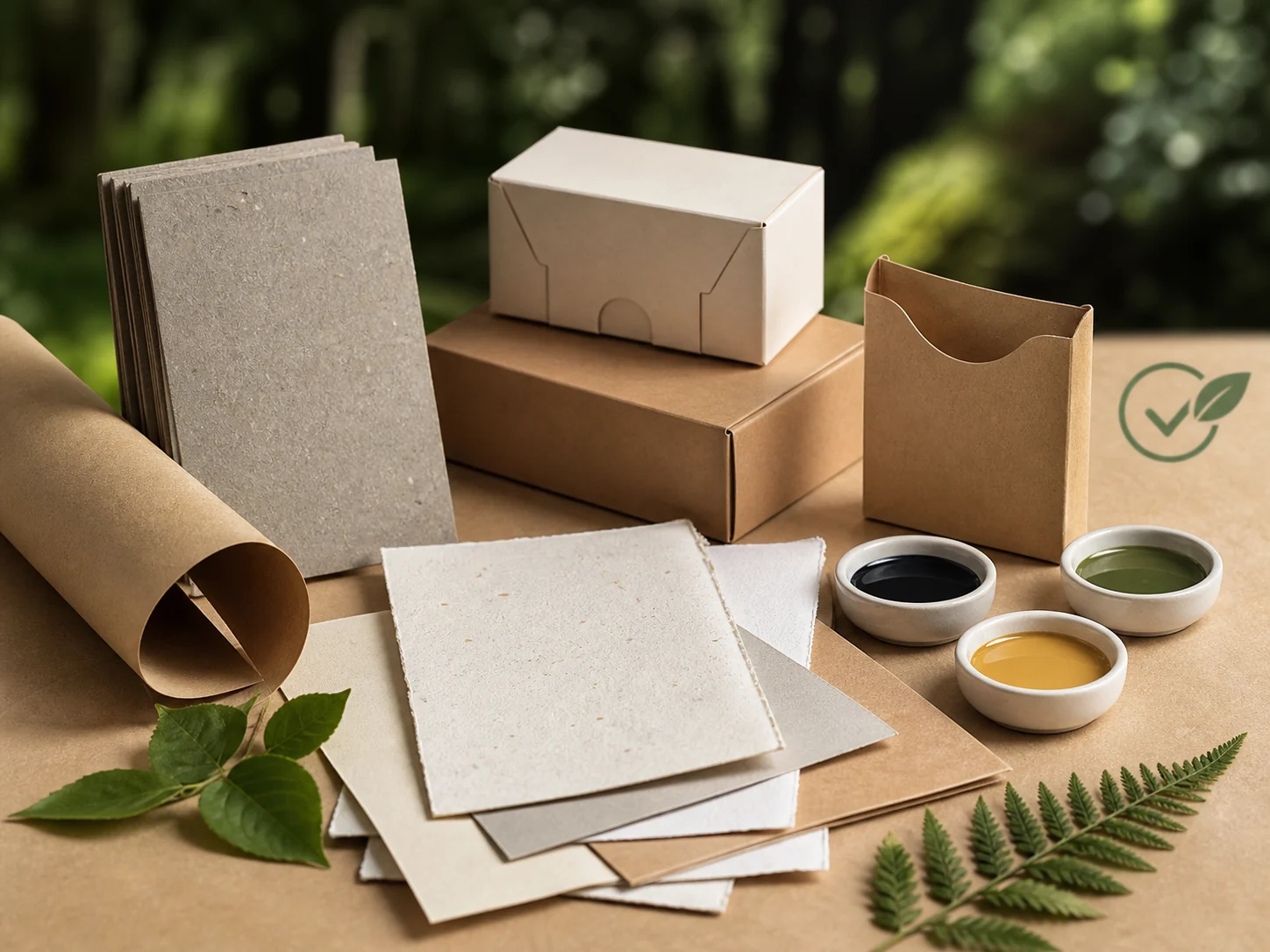 FSC-certified paper, soy ink and sustainable packaging materials displayed against kraft paper and forest imagery