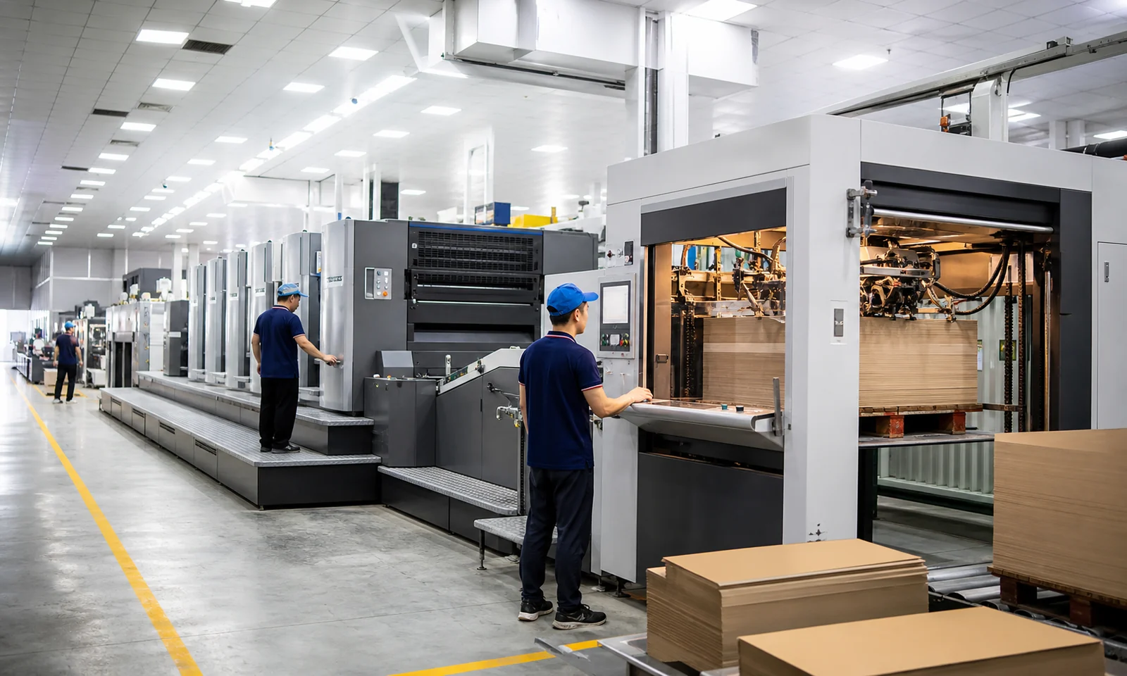 Paper packaging production line with staff operating printing equipment