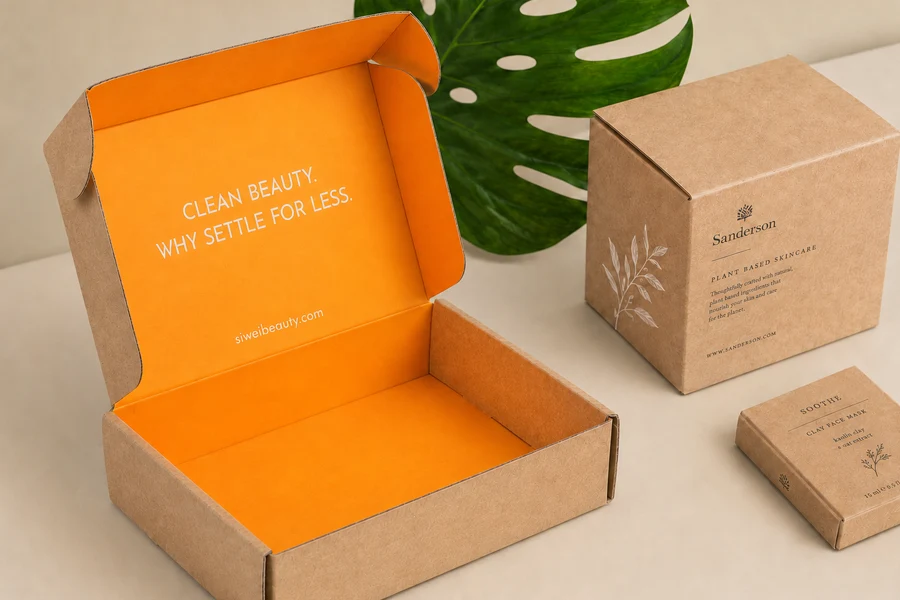 Sustainable plant-based skincare packaging in green and kraft paper