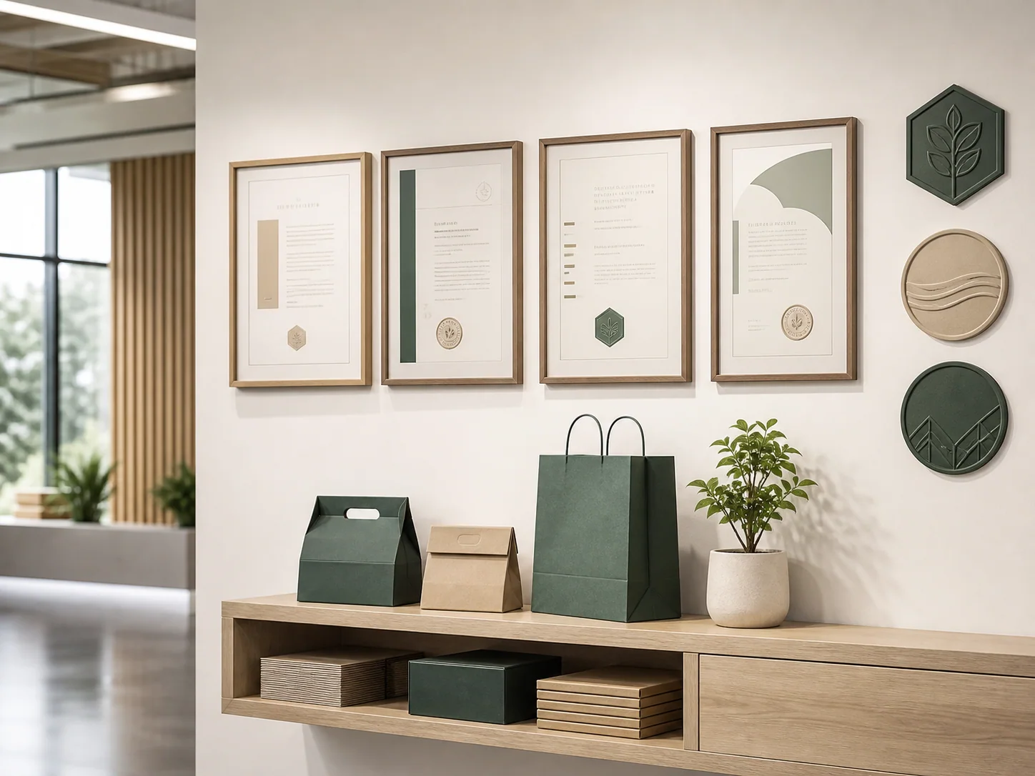 Quality and sustainability certification display with paper packaging samples