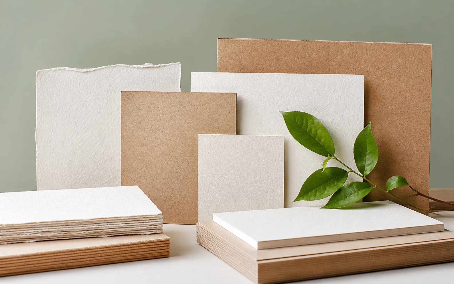 Responsibly sourced paperboard samples with natural fibers and green leaves