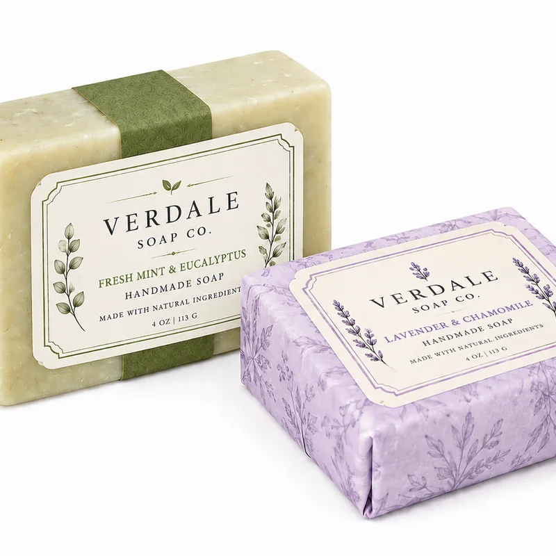Decorative labels on wrapped soap packaging