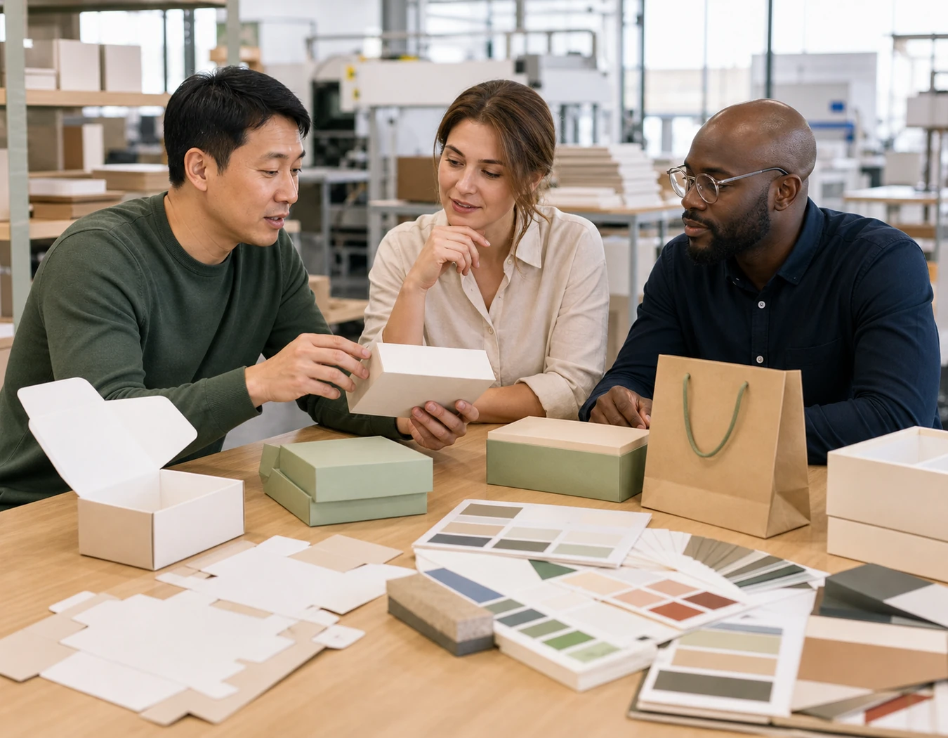 Packaging specialists review box structures, samples, and material colors together