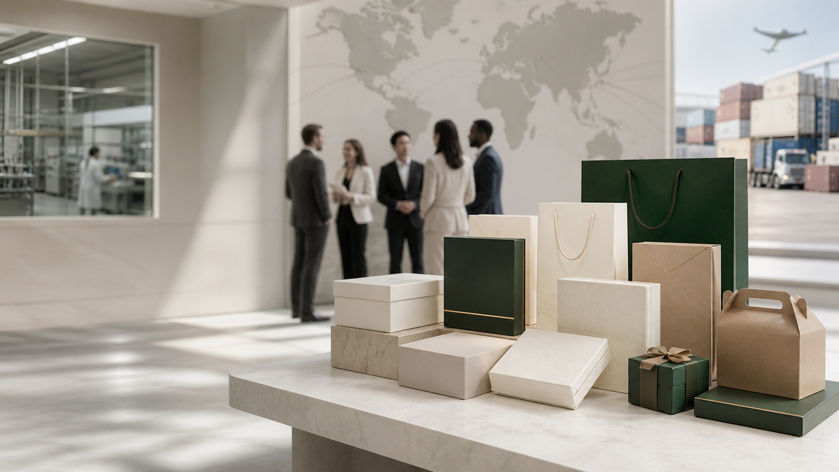 Packaging samples with a business team and global logistics setting
