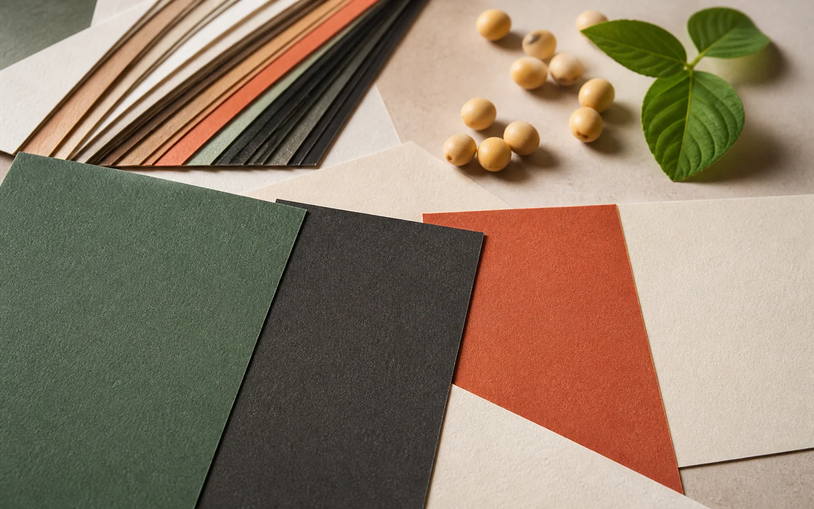 Printed paper color samples with soybeans and a green soy leaf