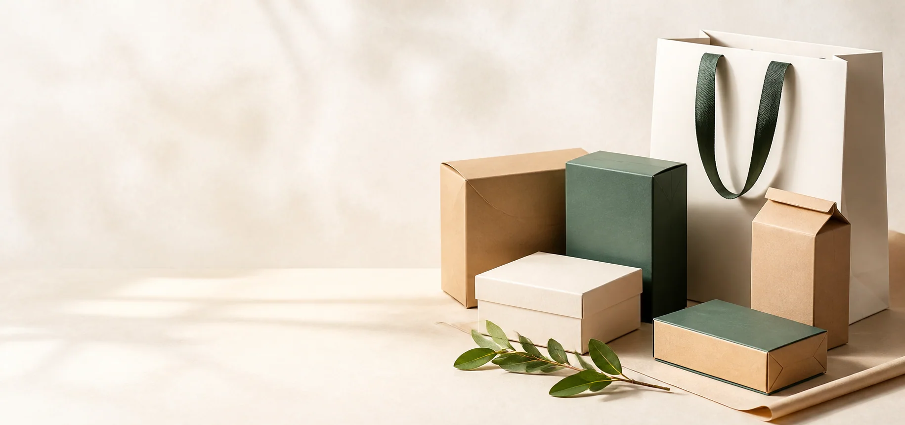 Paper boxes and reusable shopping bag made with natural tones beside green leaves